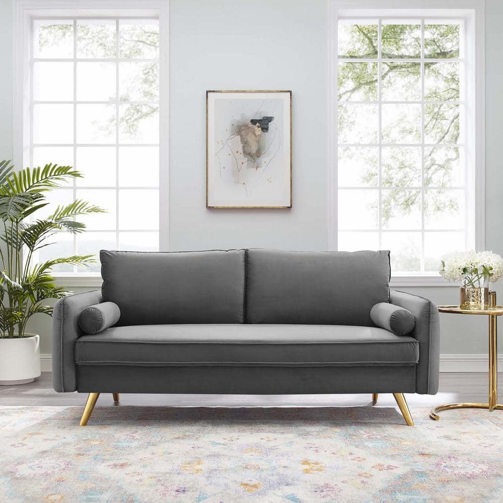 Revive 72'' Gray Performance Velvet Lawson Sofa with Gold Legs
