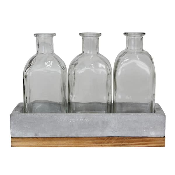 Stonebriar Collection 8.75 in. x 6 in. Clear Bottles with Cement and Wood Tray (Set of 3)