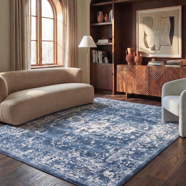 Charleston Navy/Cream 9 ft. x 12 ft. Distressed Border Area Rug