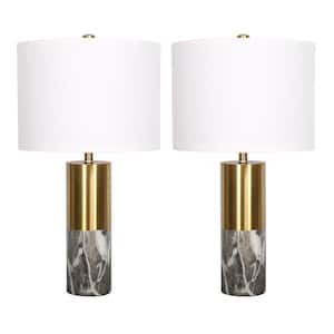 19.6 in. Gold Plating and Black Marble Effect Besides Table Lamp Set With Cord and Shade (Set of 2)