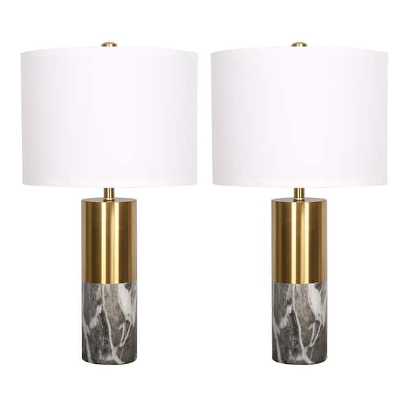 Pia Ricco 19.6 in. Gold Plating and Black Marble Effect Besides Table Lamp Set With Cord and Shade (Set of 2)