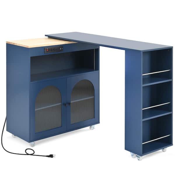 Zeus & Ruta Navy Blue Wood 56.3 in. W Kitchen Island with Extended Table, LED Lights, 2 Fluted Glass Doors and Side 3 Open Shelves