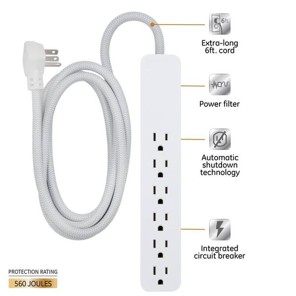 GE 6-Outlet Grounded Power Strip with 12 ft. Long Extension Cord in White  45195 - The Home Depot