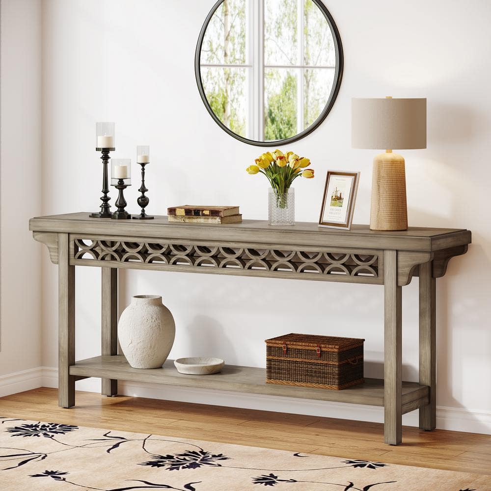 Gray Solid Wood Farmhouse Console Table with Storage