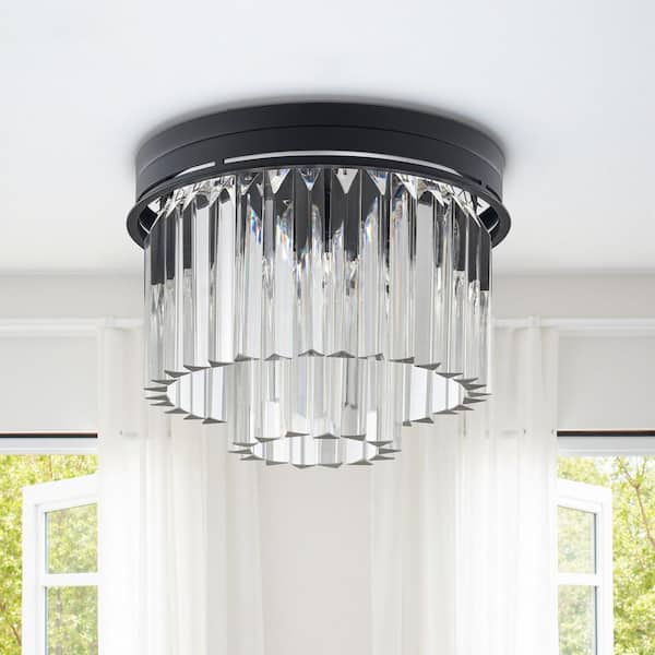 5-Light Matte Black Tiered Crystal Chandelier Flush Mount Lighting with No Bulbs Included