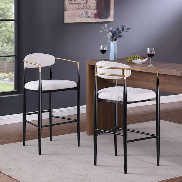 42 in. H Black and Beige Boucle Low Back Metal Bar Stools with Upholstered Seats (Set of 2)