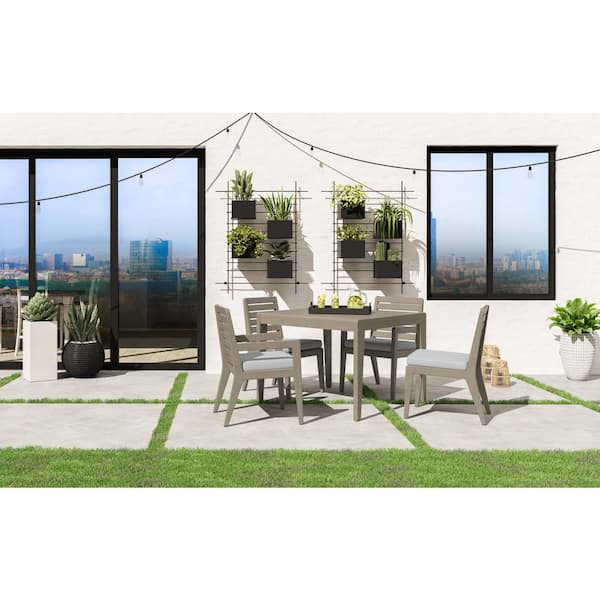 HOMESTYLES Sustain Gray 5-Piece Wood Square Outdoor Dining Set with 2-Arm Chairs and 2-Armless Chairs with Gray Cushions