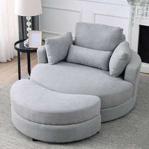 51 in. Swivel Accent Barrel Sofa Linen Fabric Lounge Club Big Round Chair with Storage Ottoman and Pillows, Light Gray