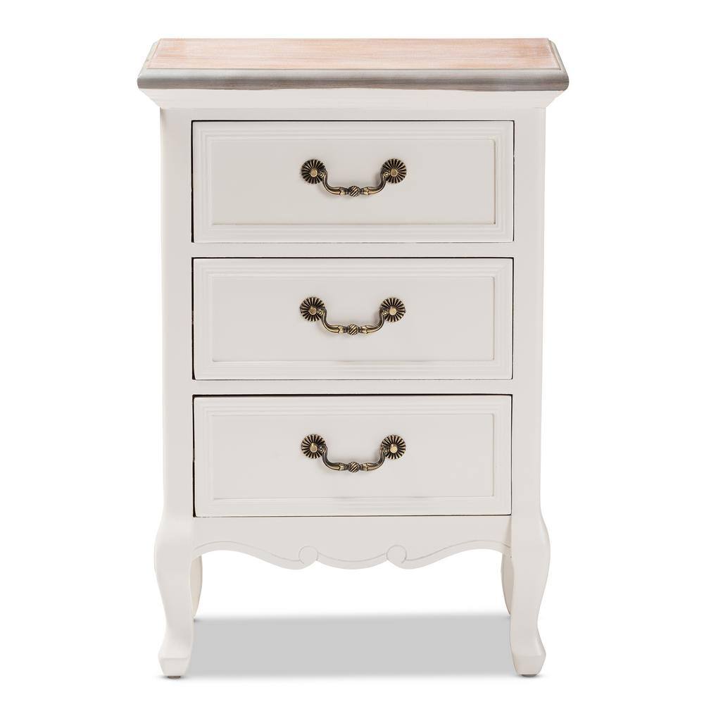 Capucine Whitewashed Oak and White 3-Drawer Nightstand