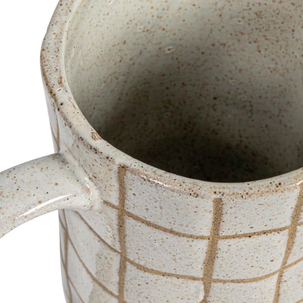 Cream and Brown Stoneware Pitcher with Wax Relief Grid Pattern