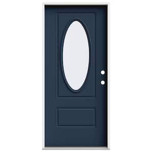 36 in. x 80 in. 1 Panel Left-Hand/Inswing 3/4 Lite Oval Clear Glass Revival Blue Steel Prehung Front Door