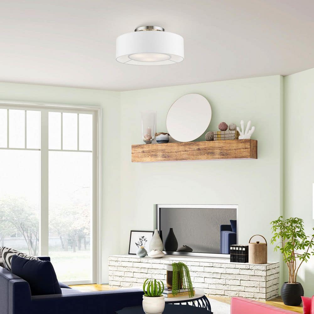 Elegant Brushed Nickel 3-Light Semi-Flush Mount with Off-White Drum Shade