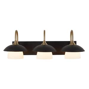 26 in. 3-Light Black with Gold Vanity Light with Metal and Glass Shade