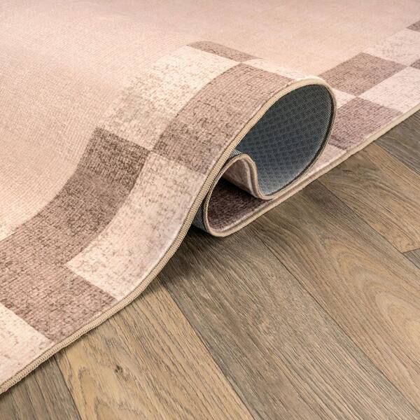 Checkerboard Border Sand Beige Machine Washable Non-Slip Backing Area Rug 2' x 10' Beige