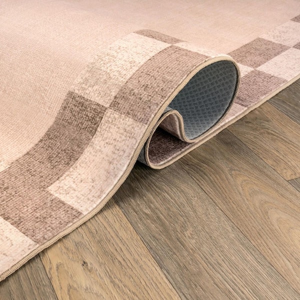 Checkerboard Border Sand Beige Machine Washable Non-Slip Backing Area Rug 2' x 12' Beige