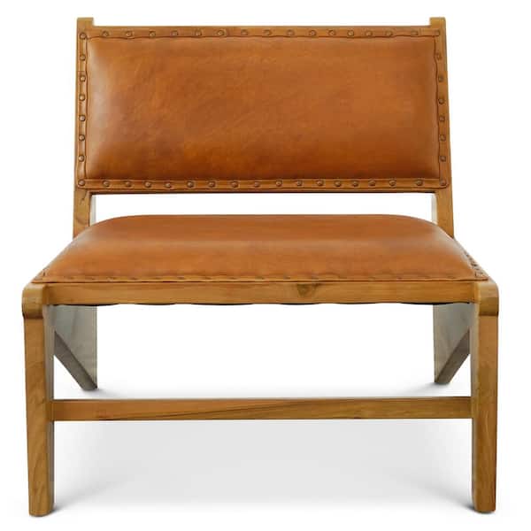 Elara Mid-Century Modern Style Genuine Leather Upholstered Armchair in Tan