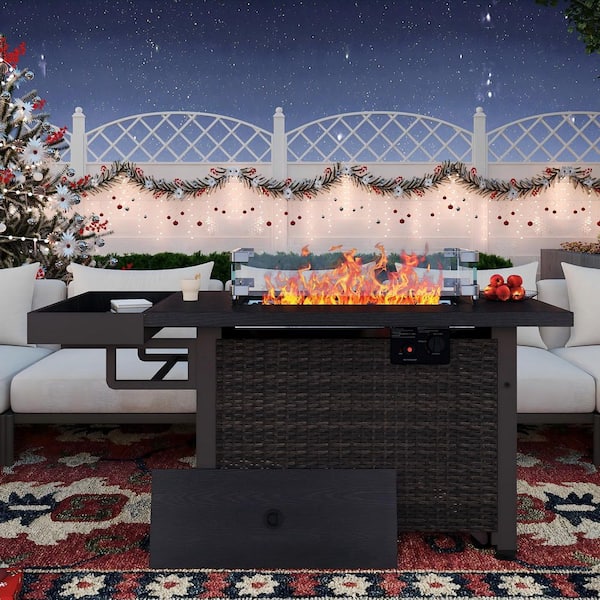 52 in. 50,000 BTU Wicker Outdoor Propane Fire Pit Table with Storage Shelf, Glass Wind Guard, Rain Cover, Brown