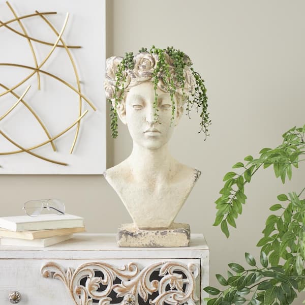 22 x 11 x 10 in. Cream Ceramic Woman Antique Greek Bust Decorative Pot with Floral Accents