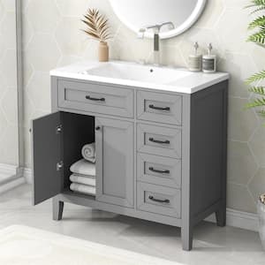 35.5 in. W x 17.7 in. D x 35 in. H Bathroom Vanity Cabinet in Gray with Drawers, White Ceramic Sink Top