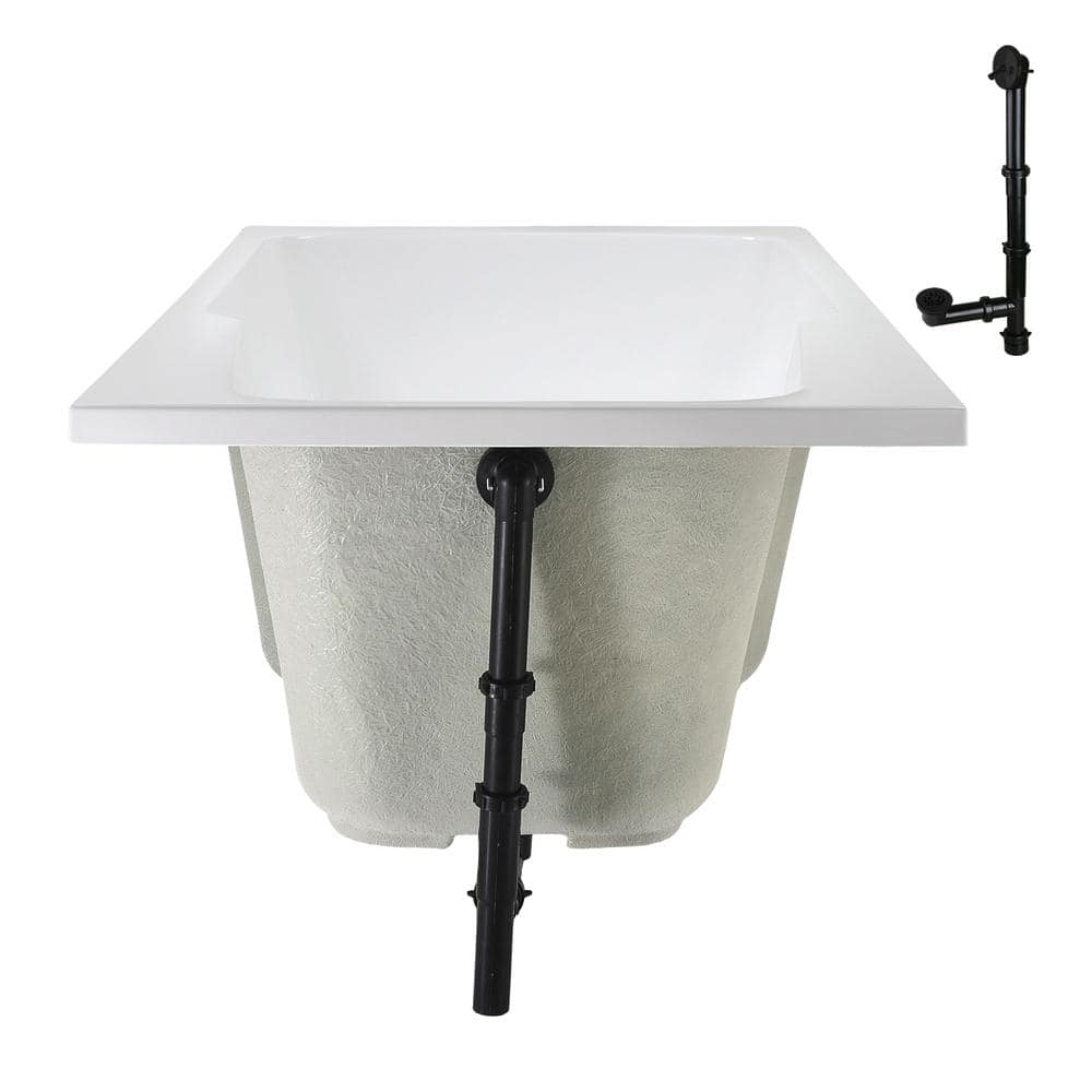 60'' Glossy White Acrylic Drop-In Soaking Bathtub with Matte Black Drain