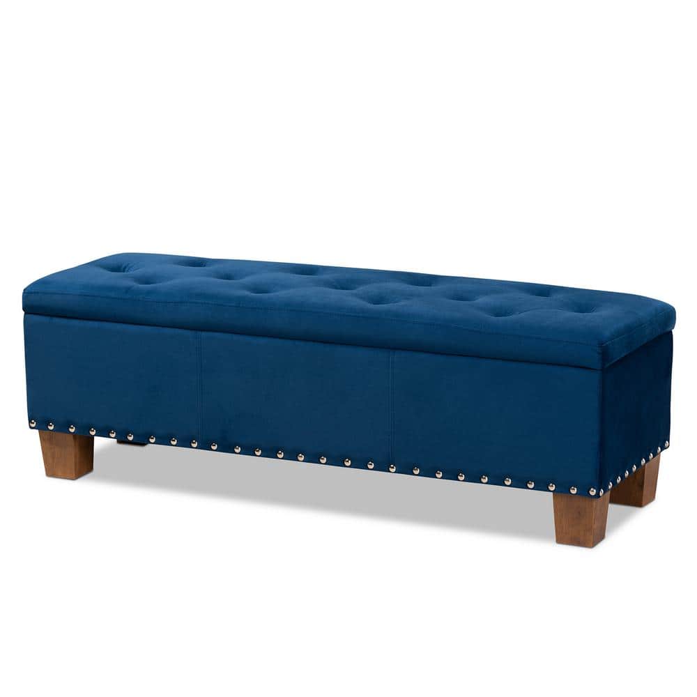 Elegant Navy Blue Velvet Tufted Storage Ottoman Bench with Silver Accents