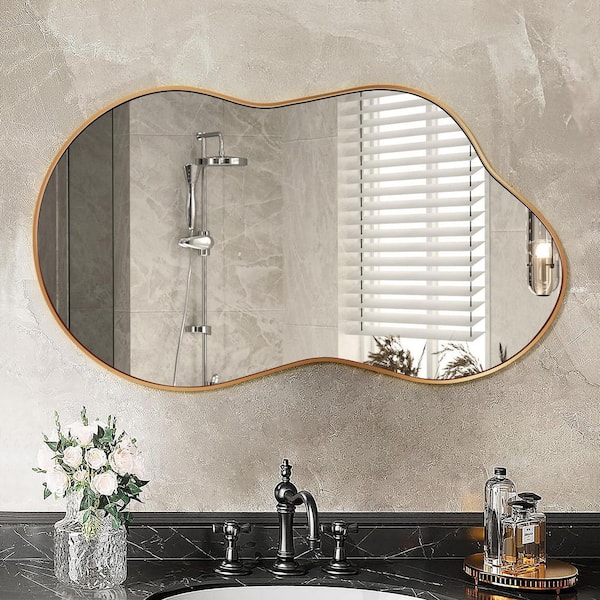 46 in. W. x 26 in. H Irregular Gold Aluminum Alloy Framed Wall Mirror Asymmetrical Wall Mirror