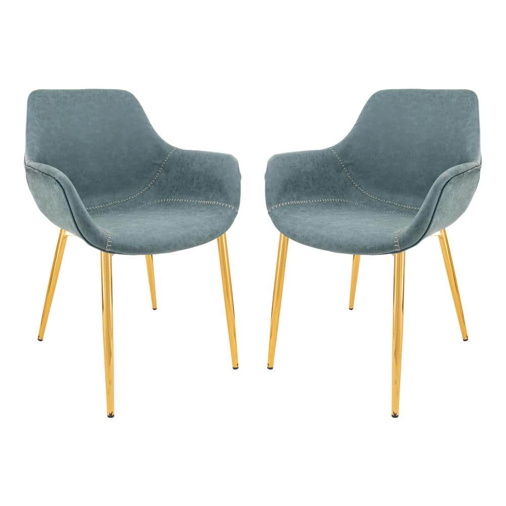 Markley Modern Leather Dining Arm Chair With Gold Metal Legs Set of 2 in Peacock Blue