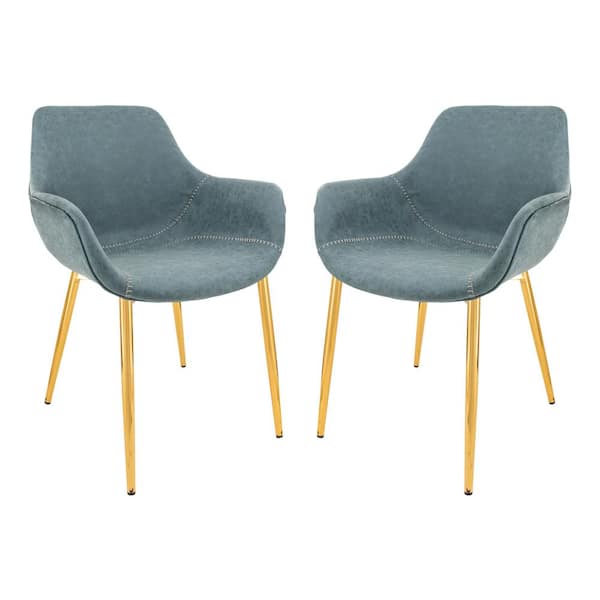 Leisuremod Markley Modern Leather Dining Arm Chair With Gold Metal Legs Set of 2 in Peacock Blue