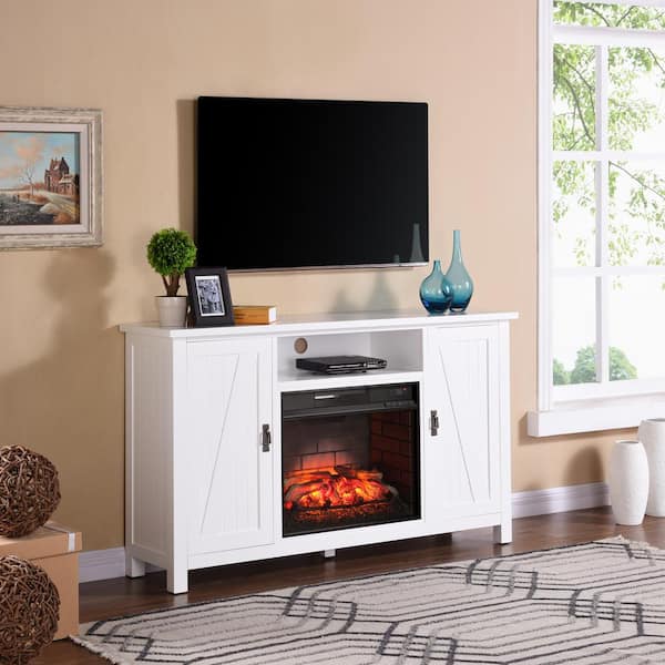 Southern Enterprises Fielder 58 in. Farmhouse Style Infrared Electric Fireplace TV Stand in White