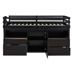 Twin Size Loft Bed with 4 Drawers, Underneath Cabinet and Shelves, Espresso