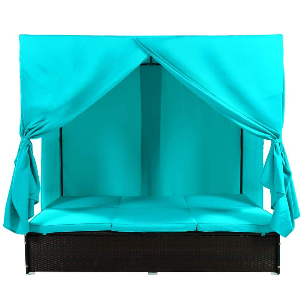Patio Wicker Outdoor Day Bed with Blue Cushion and Adjustable Seats