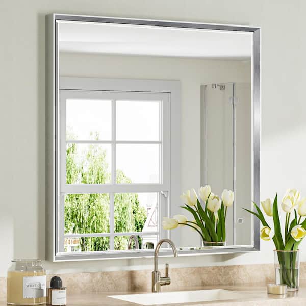 36 in. W x 36 in. H Aluminum Beveled Edge Rectangular Framed Bathroom Vanity Wall Mount Mirror in Brushed Silver