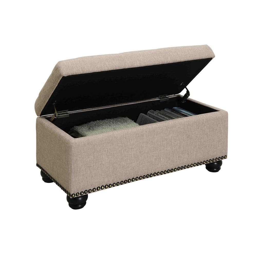 Tan Tufted Fabric Storage Ottoman with Nailhead Trim