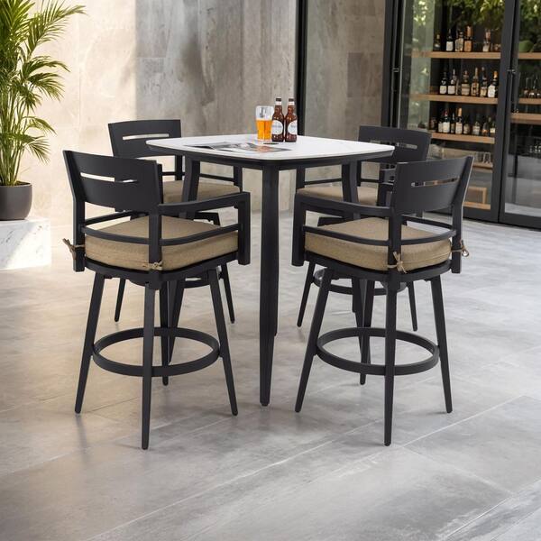 Black 5-Piece Aluminum Square Outdoor Bistro Set with Brown Cushion and 4-Swivel Bar Chairs
