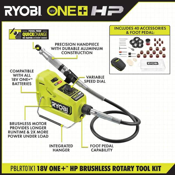 RYOBI ONE+ 18V Cordless 2-Tool Combo Kit w/ ONE+ HP Brushless Rotary Tool, Cordless Magnifying Clamp Light, Battery & Charger