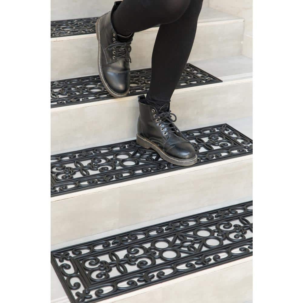 Black Scrollwork Rubber Anti-Slip Stair Tread Mats, Set of 4