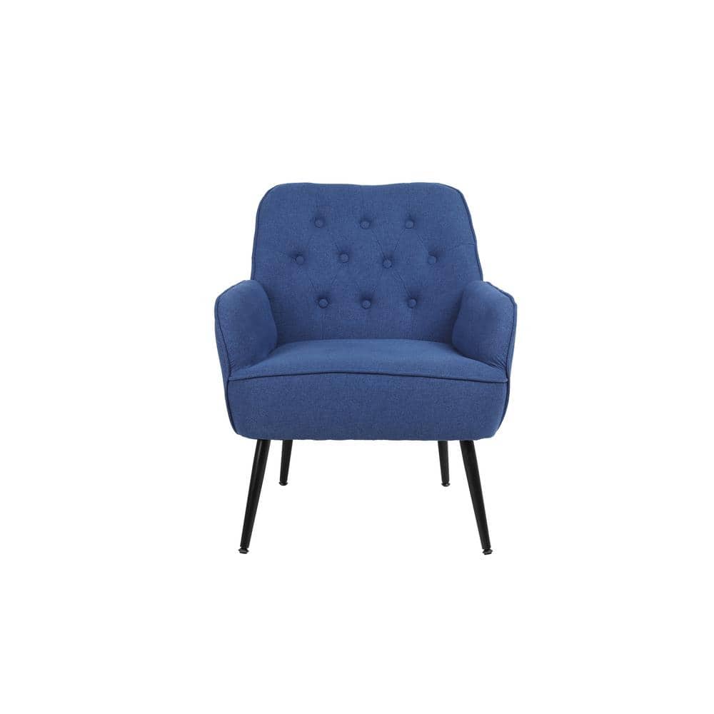 Mid Century Modern Blue Upholstery Linen Accent Arm Chair with Arms and Met