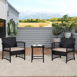 HIGHLAND 3-Piece Black Woven Rattan Wicker Patio Conversation Seating Set with Beige Cushions