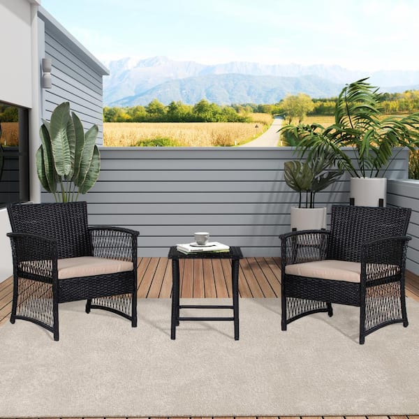 WESTIN OUTDOOR HIGHLAND 3-Piece Black Woven Rattan Wicker Patio Conversation Seating Set with Beige Cushions