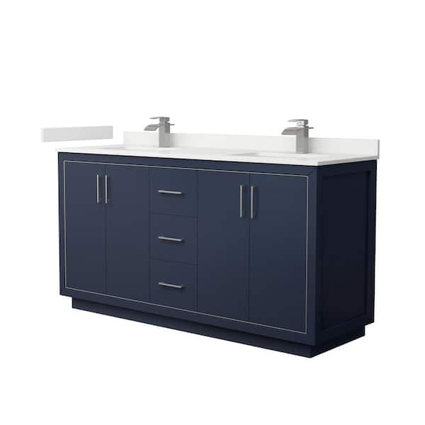 Wyndham Collection Icon 66 in. W x 22 in. D x 35 in. H Double Bath Vanity in Dark Blue with White Quartz Top