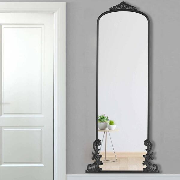 JUJABU Black 29 in. W x 68 in. H Carved Arched Full-Length Mirror