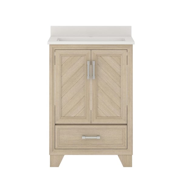 Ashlow 24 in. Single Sink Freestanding Natural Oak Bath Vanity with Crystal White Engineered Quartz Composite Top