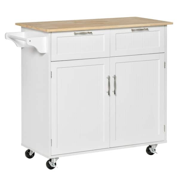 Sudzendf White Wood 41 in. Kitchen Island with Drawers Rubberwood Top and Wheels