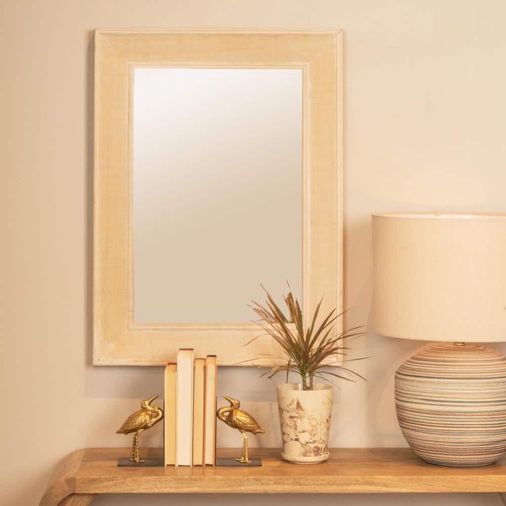 White Rectangular Wall Mirror with Rattan Detail
