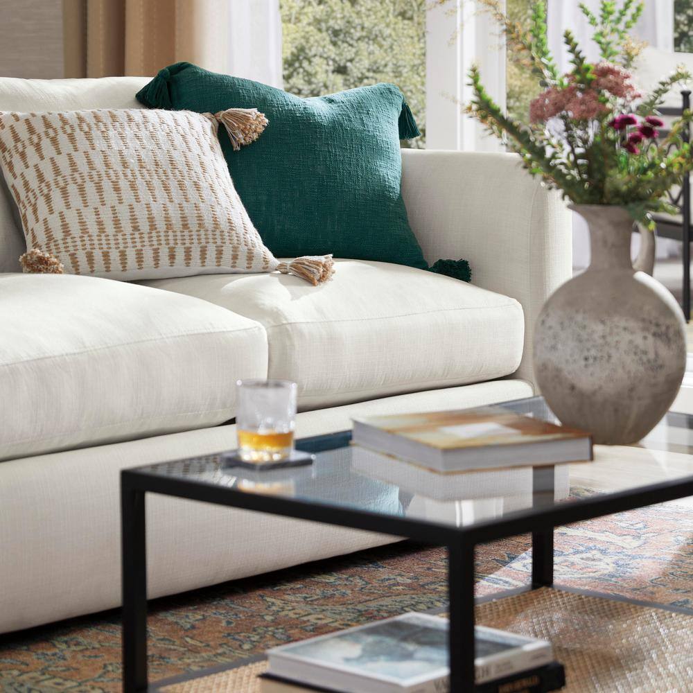 Ivory and Tan Ikat Jute Tasseled Throw Pillow, 20" x 20"
