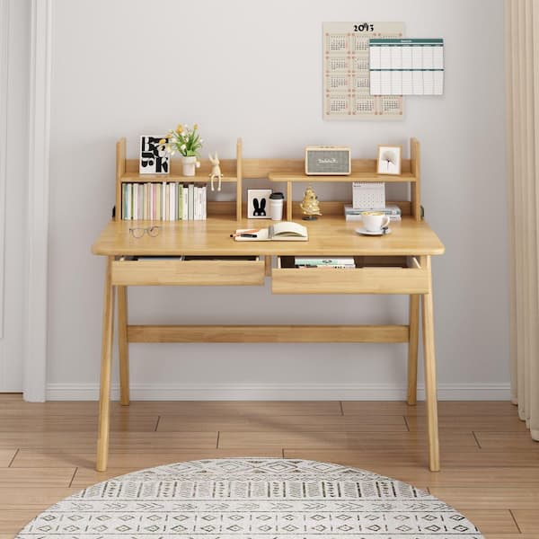 1-Piece Beige Kids Study Desk Rubber Wood with Bookshelf and 2-Drawers, Study/Writing Table for Bedroom Home Office