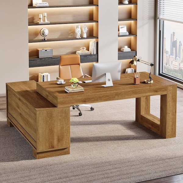 Lanita 63 in. L-Shaped Brown Wood Executive Desk with Storage Cabinets and 2-Tier Shelf, Large Computer Writing Table