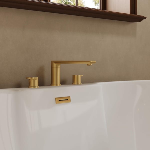 2-Handle Deck-Mounted Low Arc Roman Tub 1-Spray Tub and Shower Faucet 2.8 GPM in Brushed Gold Spot Resist Valve Included