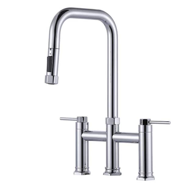 Double Handle Deck Mounted Bridge Kitchen Faucet with Pull-Down 3-Sprays Head in Brushed Nickel