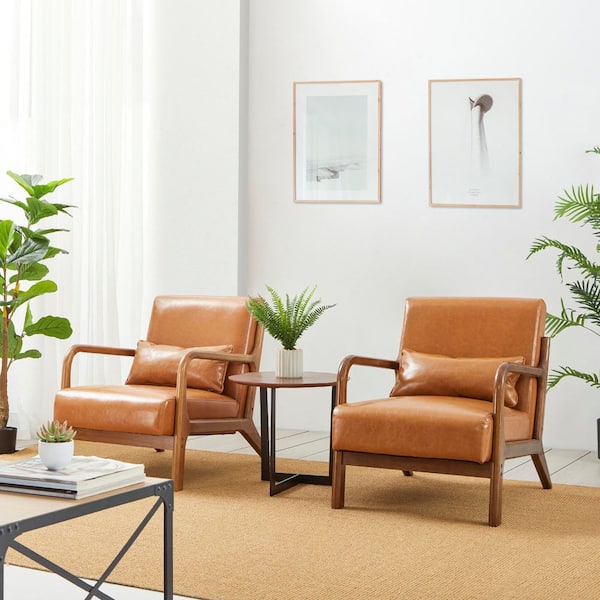 Glitzhome 30 in. Mid-Century Modern Yellow Brown Faux Leather Arm